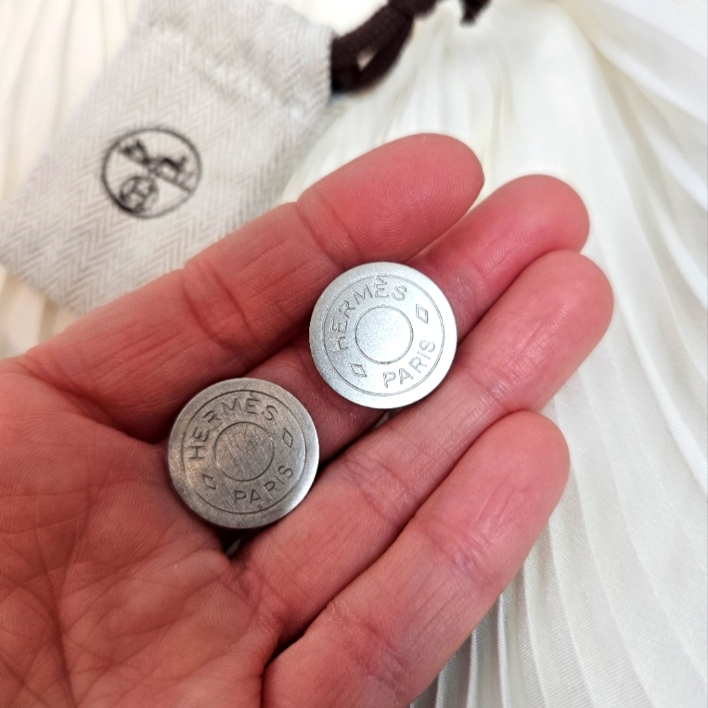Hermes Vintage Clou de Selle Button Clip Earrings Matte Silver - Picture 6 of 9